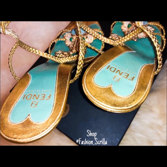FENDI Gold Braided Embellishment Fish Ornate Crystal Sandal Heels - Picture 7 of 11